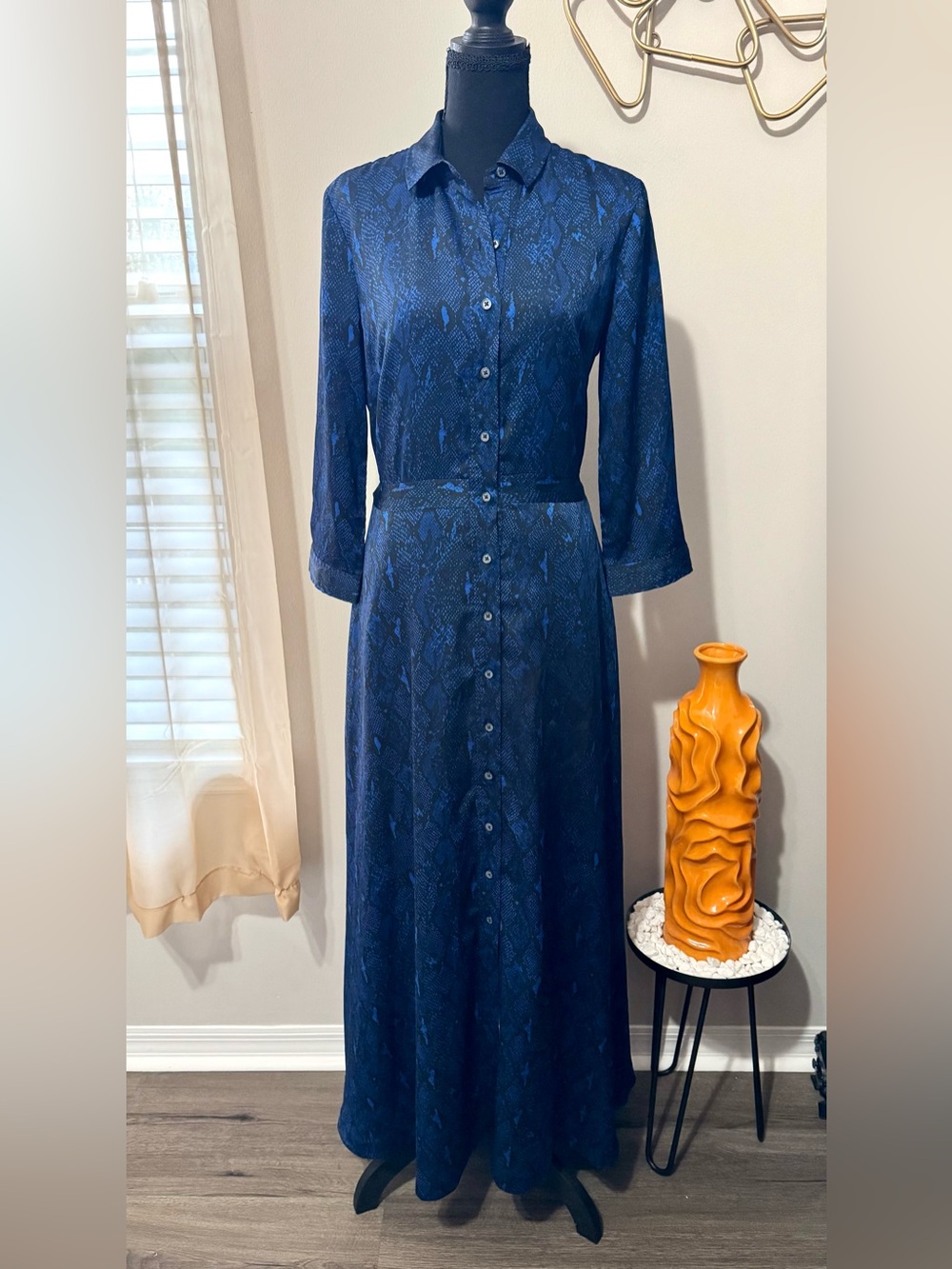 Banana Republic Navy Blue/Black Snake Print Button-Front Maxi Shirt Dress